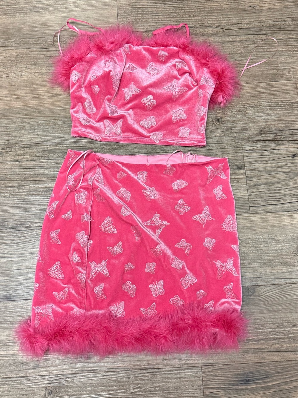 Fashion Nova Hot Pink Velvet Butterfly Cami & Skirt Set